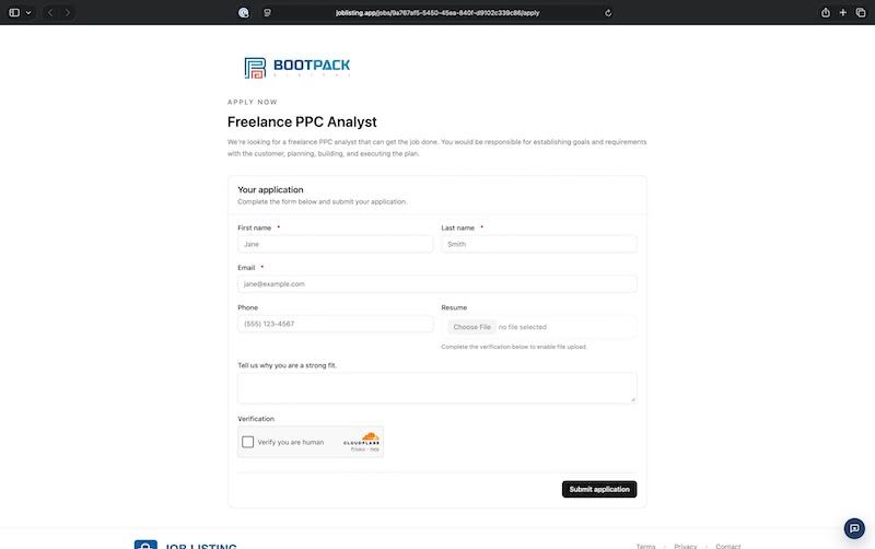JobListing branded application form