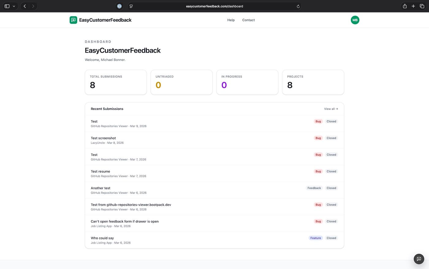 EasyCustomerFeedback dashboard overview