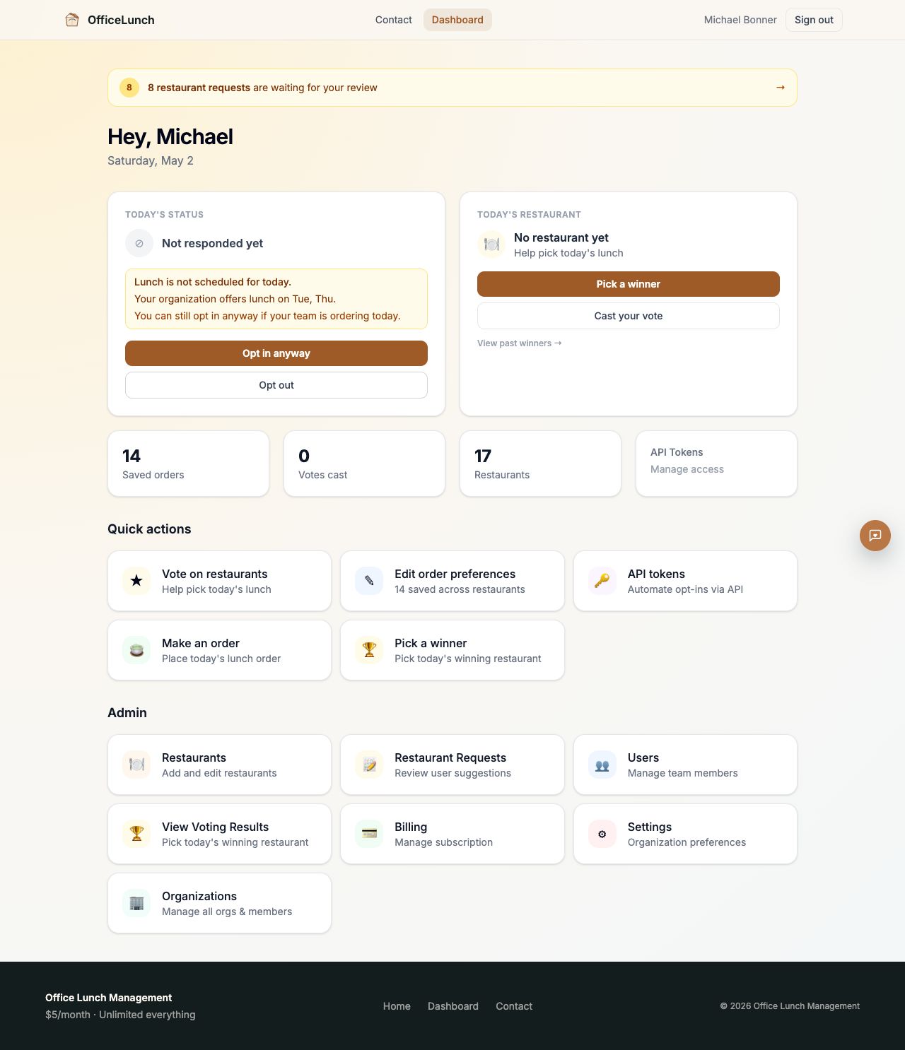 Office Lunch App user dashboard