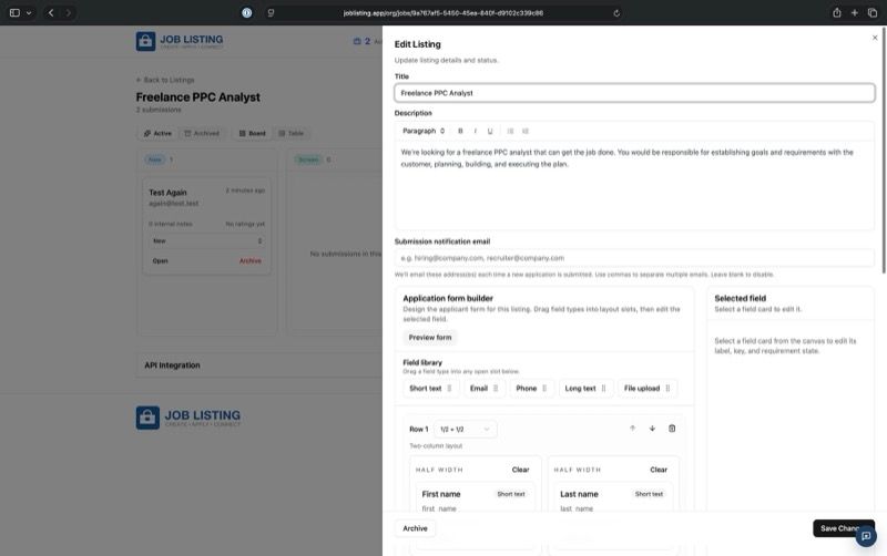 JobListing listing editor and form builder