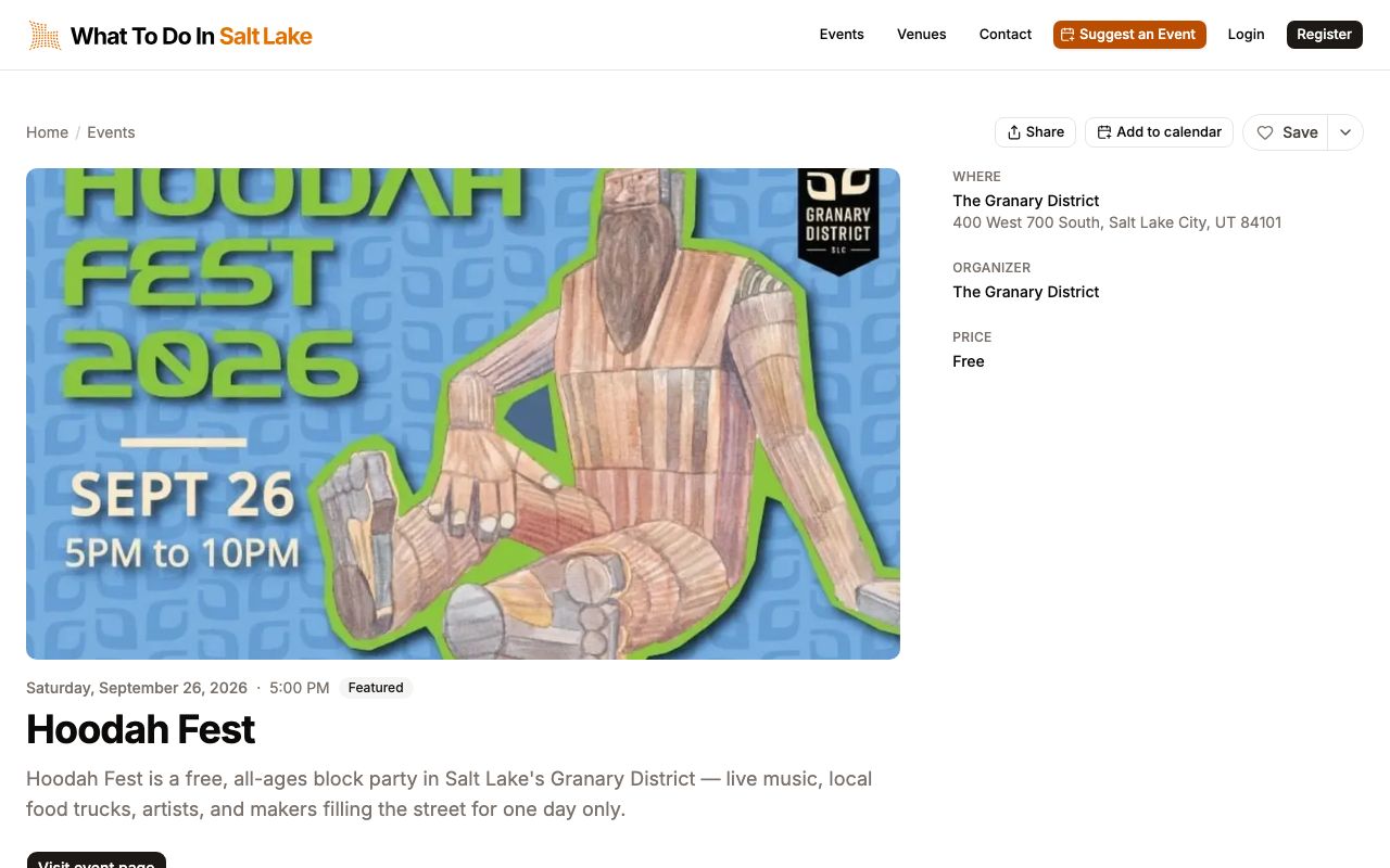 Hoodah Fest event page with venue, organizer, price, and share, add to calendar, and save buttons