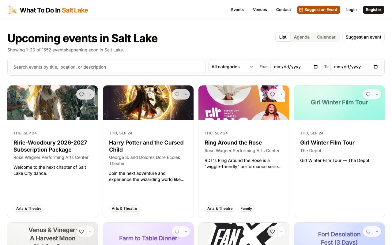 Searchable list of upcoming events in Salt Lake with category and date filters
