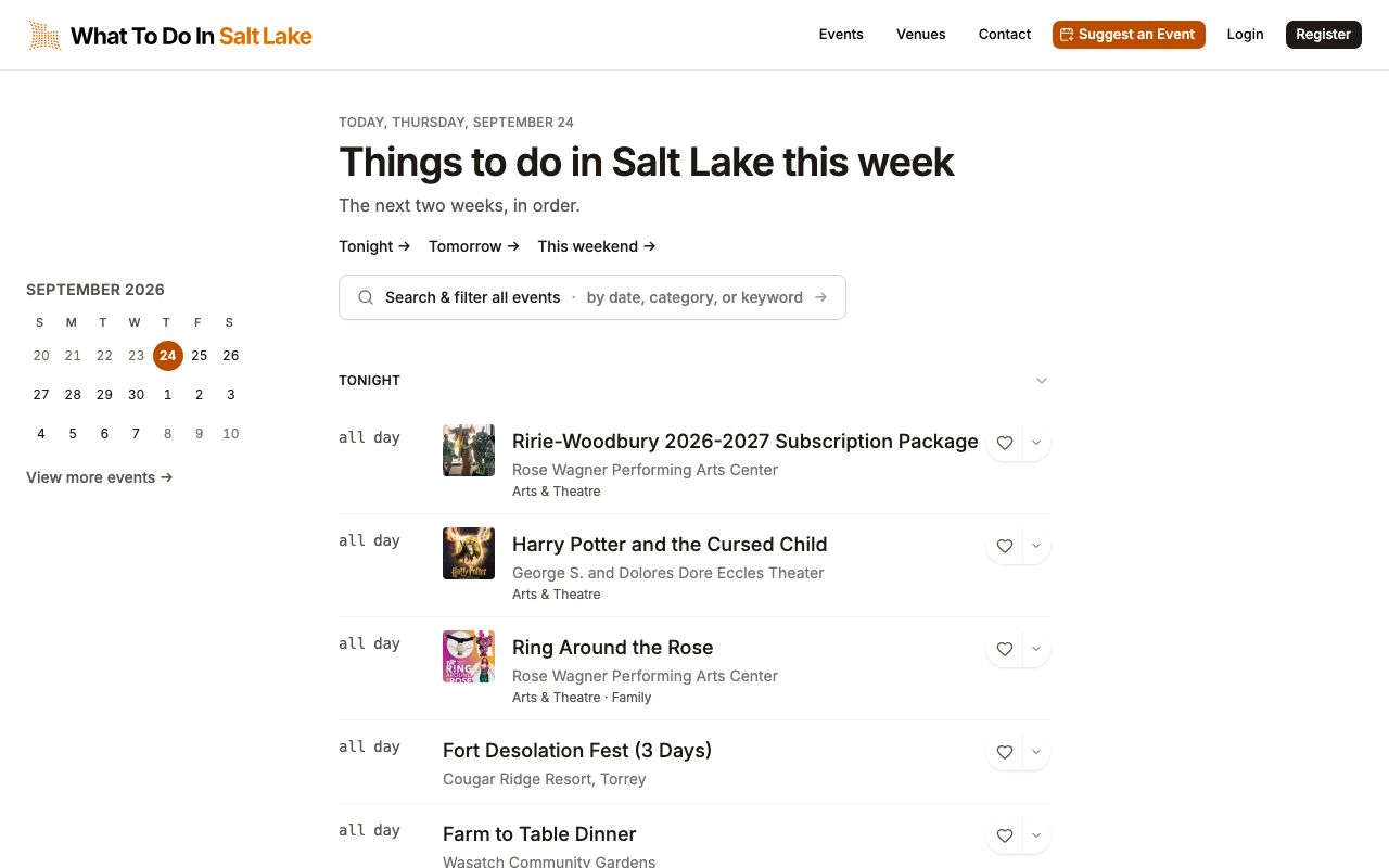 What To Do In Salt Lake homepage showing tonight's events in start-time order