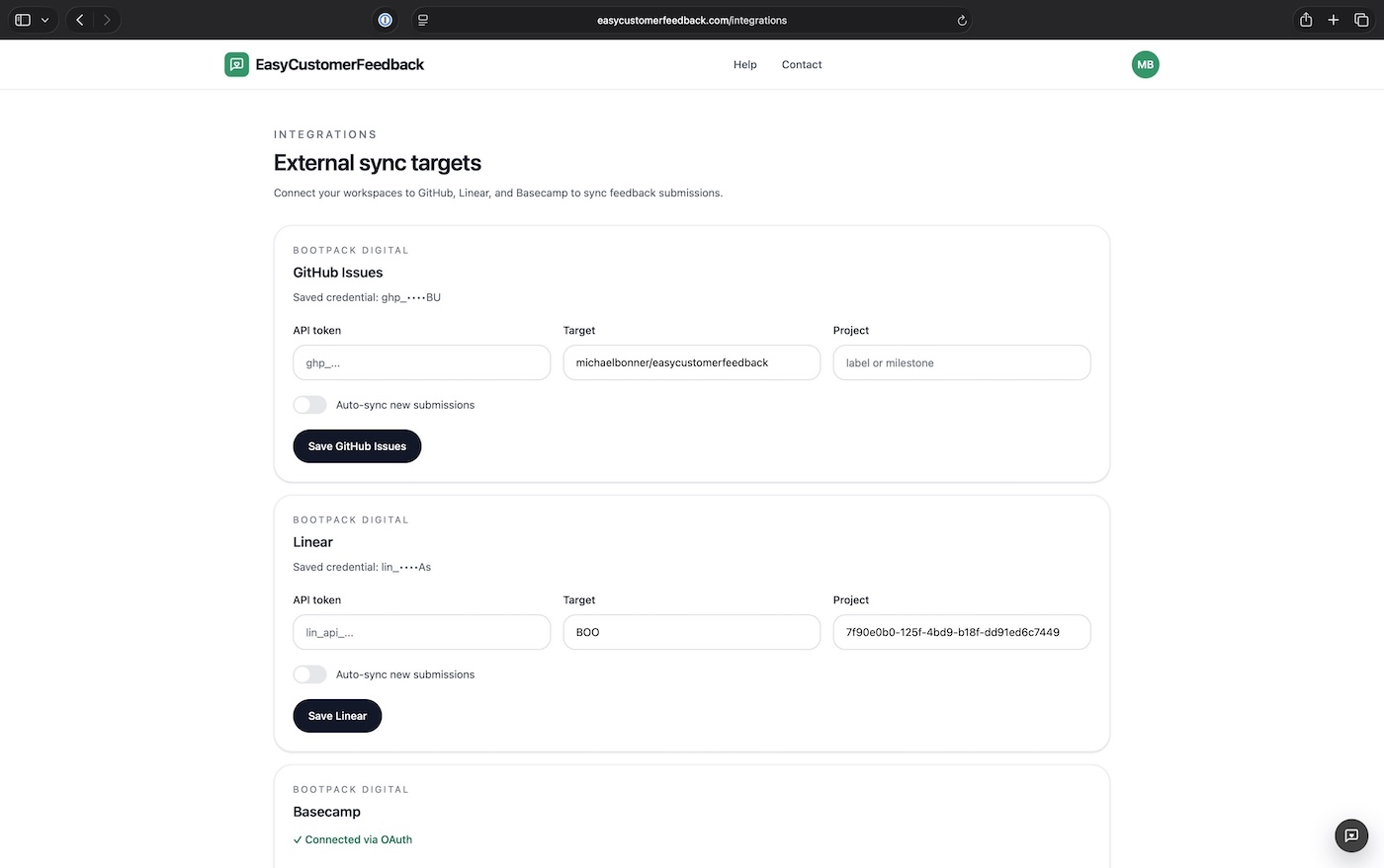 EasyCustomerFeedback integrations and sync targets