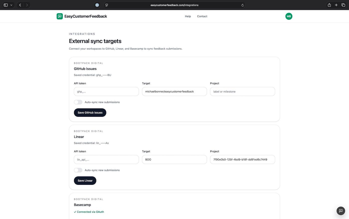 EasyCustomerFeedback integrations and sync targets