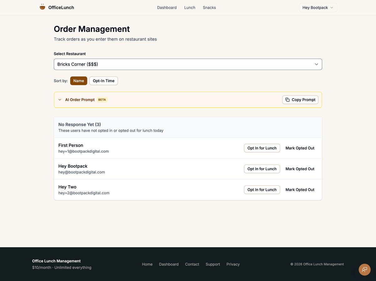Office Lunch order management with a restaurant selector and team members' opt-in actions