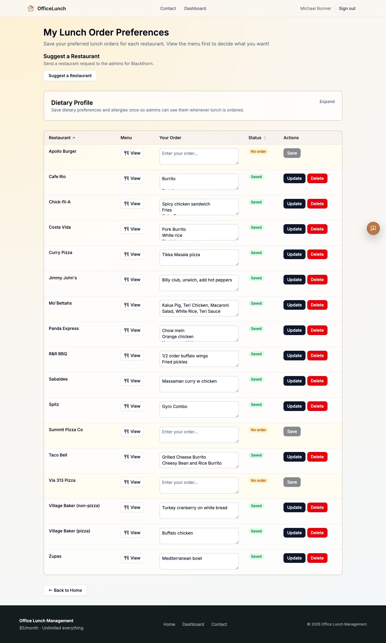 Saved order preferences across restaurants