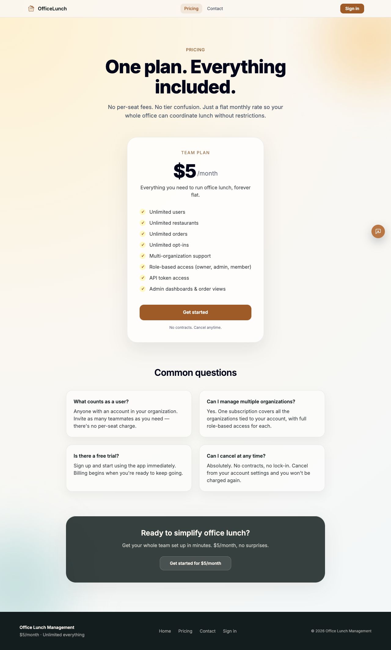 Office Lunch App pricing page
