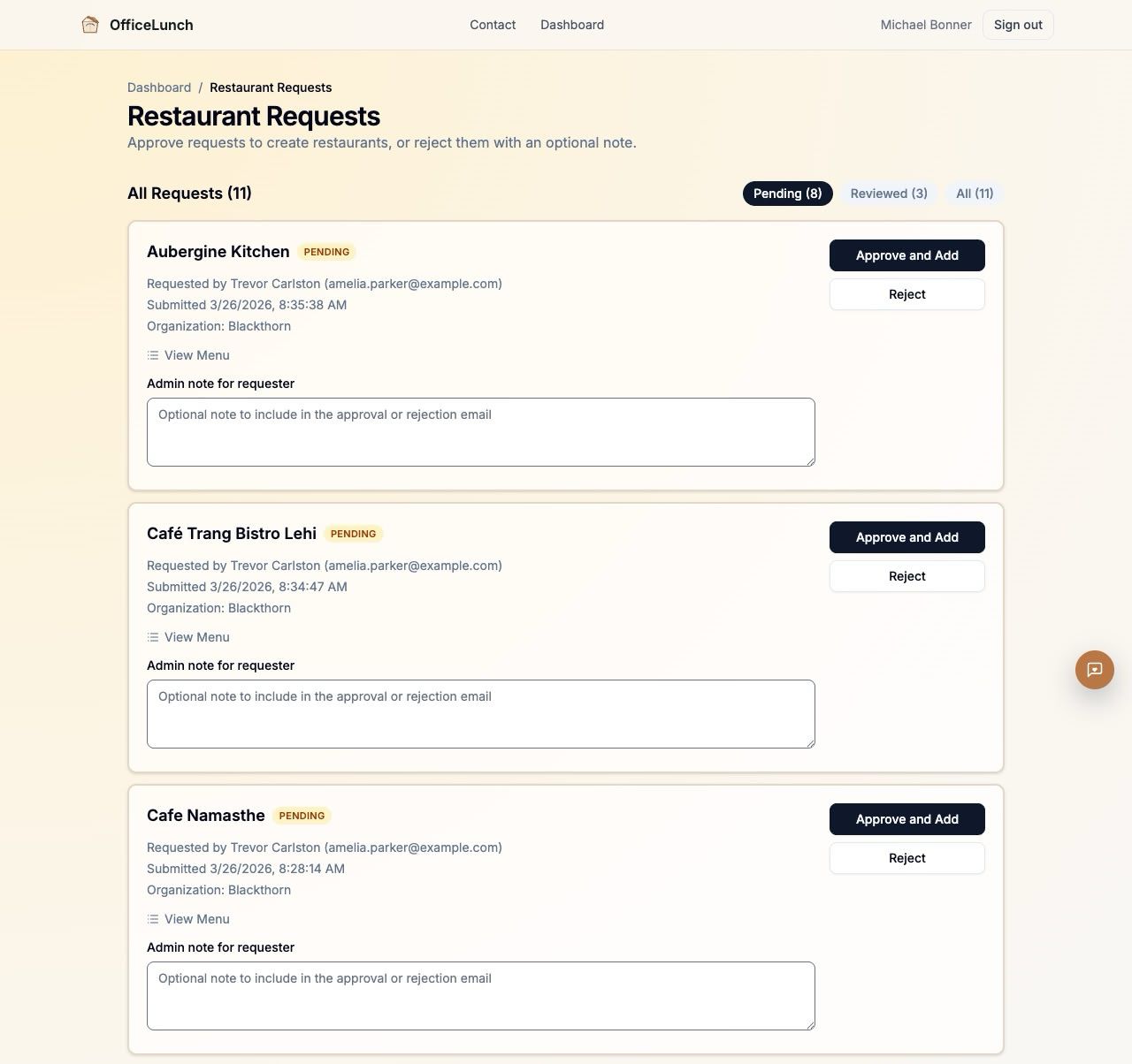 Restaurant requests review screen