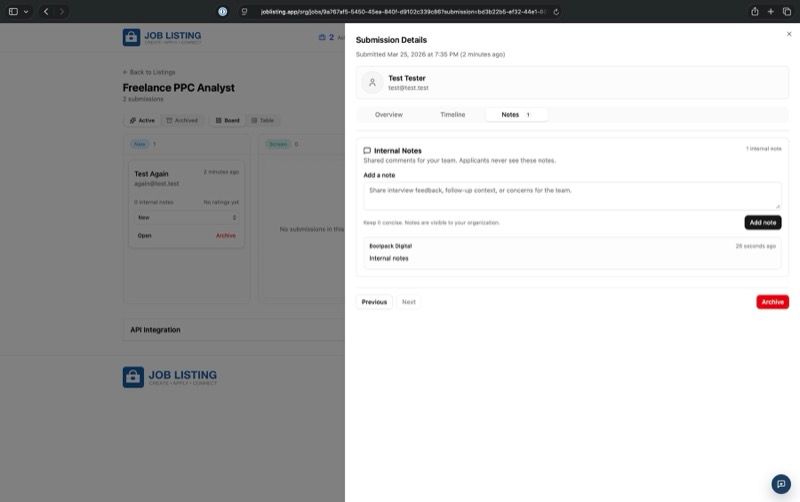 JobListing submission notes