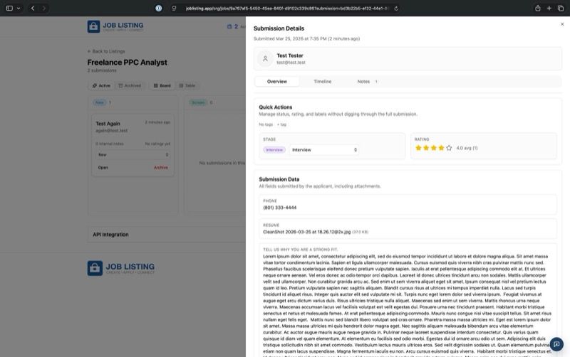 JobListing submission overview