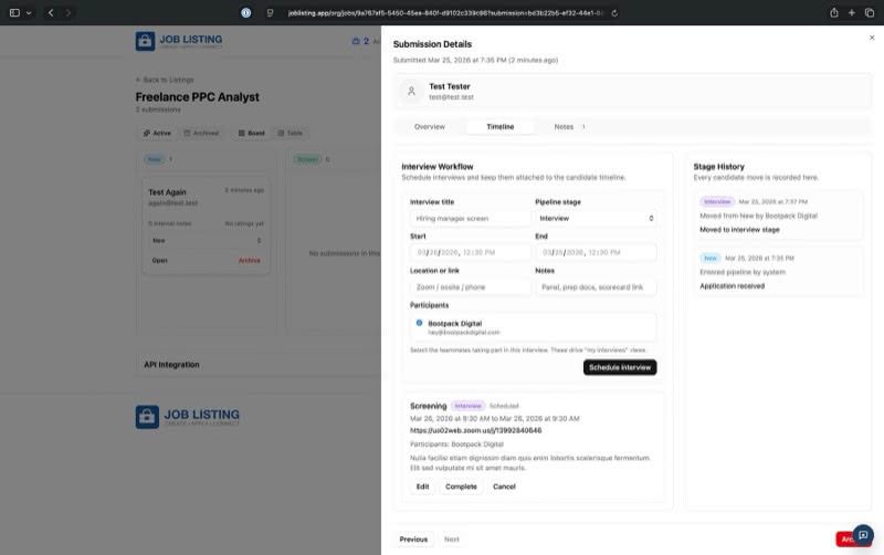 JobListing submission timeline and interview workflow
