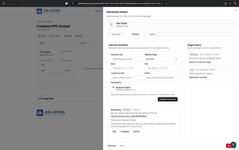 JobListing submission timeline and interview workflow