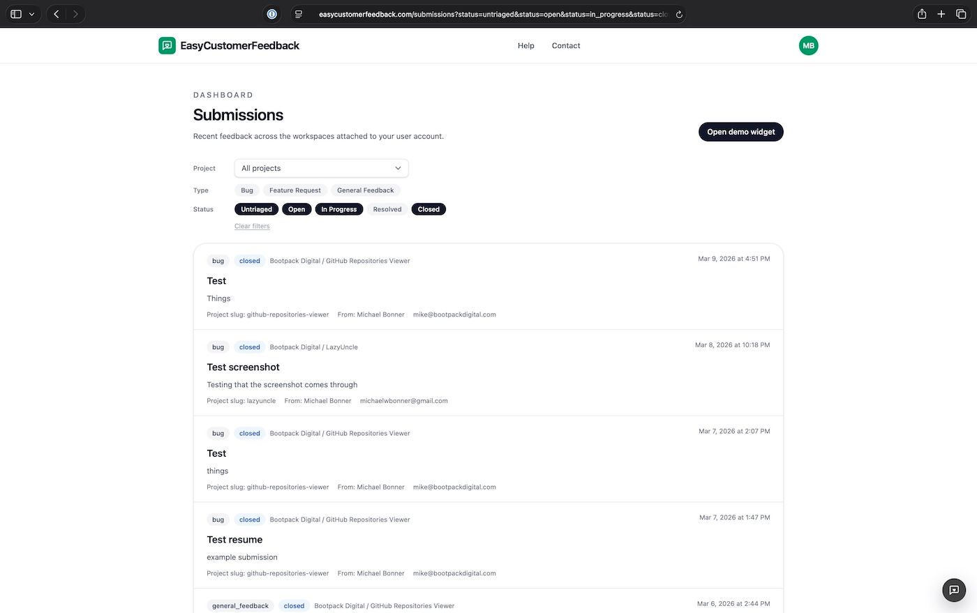 EasyCustomerFeedback submissions list