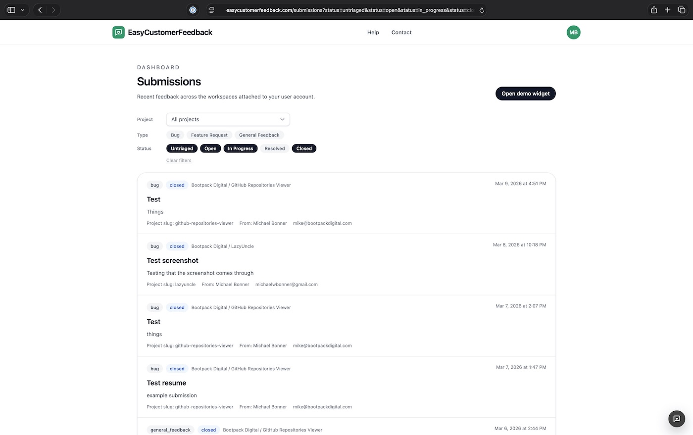 EasyCustomerFeedback submissions list