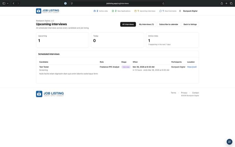 JobListing upcoming interviews dashboard
