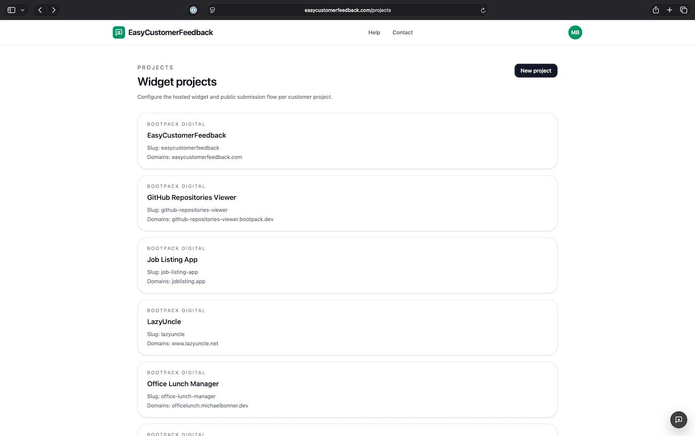 EasyCustomerFeedback widget projects list