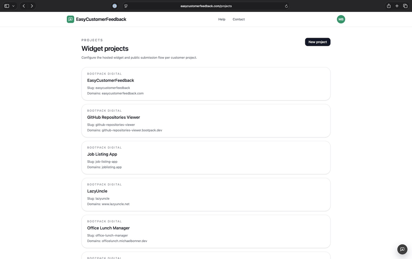 EasyCustomerFeedback widget projects list